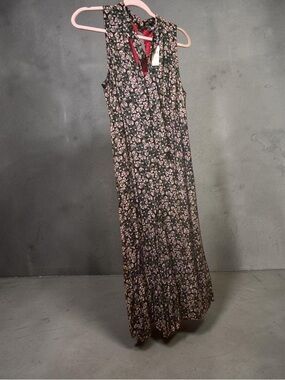 Anthropologie Black Floral Maxi Dress with Pink & Green Accents